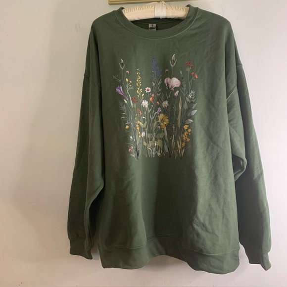 Gildan XL Olive Green Wildflower Graphic Sweatshirt Crew Neck Pullover - Picture 3 of 9